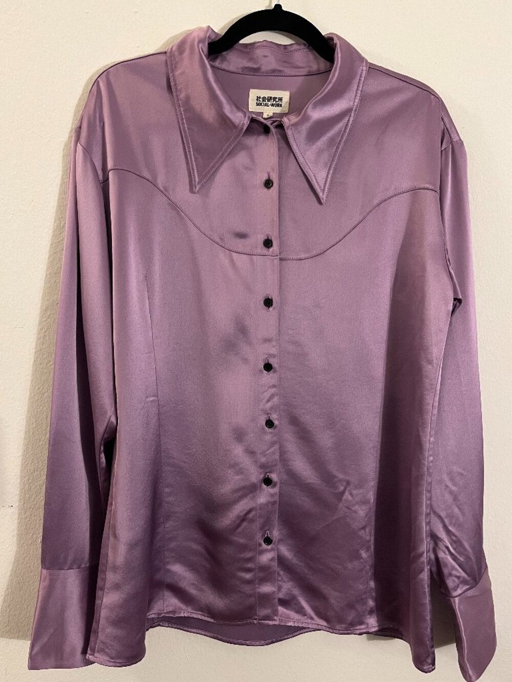 Social Work satin purple blouse size Small 70s inspired